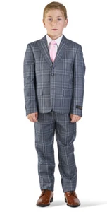 Boys Slate Gray Suit Tuxedo 5 Piece Set Windowpane Peak Lapel Kids Formal 35071 - Picture 1 of 8