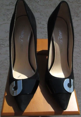 Zapatos Charles Jourdan Paris Plateados Logo CJ Patente Acentos Negro Gamuza Talla 10M Foto 1 de 4