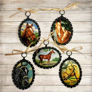 5 Antique Vintage Paint by Number Style Horse Lover Ornaments for Equestrian - Picture 1 of 7