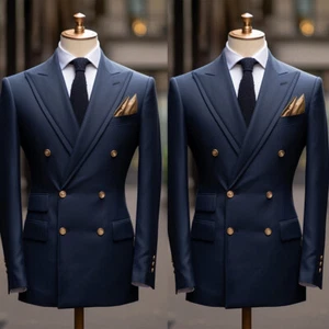 Business Double Breasted Men Suits Regular Fit Groom Wedding Formal Peak Lapel - Picture 1 of 10