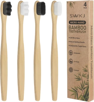 SWKJ 4 Pcs Soft Bamboo Micro-Nano Toothbrushes, Extra Soft Toothbrush with 20000 Bris