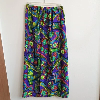 Vintage 60s Alice Polynesian Fashions Tie Waist Maxi Skirt W/ Slit Neon Mod Boho - Image 1 of 4