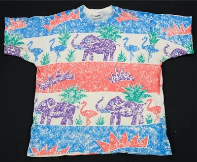 Rare VTG GITANO Elephant Flamingo Animals Striped All Over Print T Shirt 90s  - Image 1 of 4