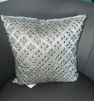 Silver Beaded Accent Pillow 16x16 Square Decor Holiday Sparkle - Image 1 of 3