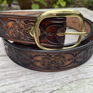 Cintura vintage lavorata a mano intagliata 1,5x53 pelle marrone floreale western cowboy - Foto 1 di 8