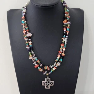 TD Designs Sterlingsilber Multi Edelstein Chip Filigran Kreuz Halskette 2 Strang - Bild 1 von 16