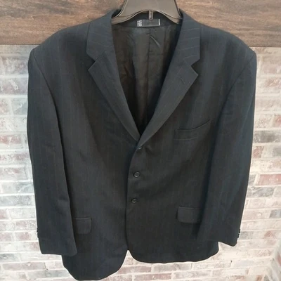 EMANUEL UNGARO 男式黑色细条纹三扣羊毛西装夹克外套,尺寸 48R — 第 1/4 张图片