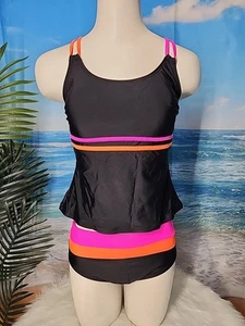 NWT Cupshe Two Pieces Tankini Medium Black Orange Pink Color - Picture 1 of 6