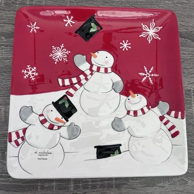 St. Nicholas Square TREE LOT 11.25" Square Dinner Plate Snowman Red & White - Image 1 of 4