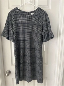 Calvin Klein Kleid Damen Gr. 12 Knielang Glockenärmel Klassisch Hahnentritt Neu mit Etikett - Bild 1 von 6
