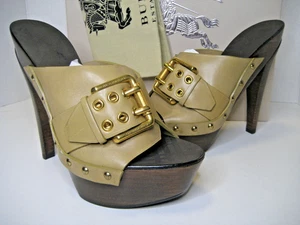 495 $ NEU Burberry US 8,5 EU 39 hellbraun Trench Oversize Schnalle Clogs Sandalen Schuhe BX - Bild 1 von 11
