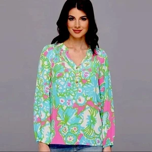 LILLY PULITZER Elsa Silk Top Pink A Delicacy Size Large MSRP $178 - Imagen 1 de 14