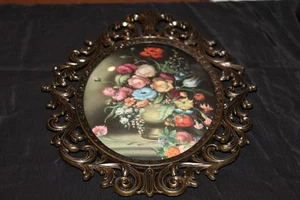 Vintage Blumen rot, blau, rosa orange im Topf Druck im Messingrahmen - Bild 1 von 8