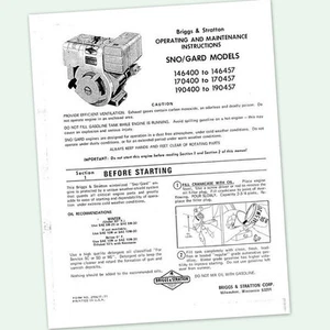 Briggs And Stratton 8Hp Engine 190400 To 190457 Operating Manual Operators - Picture 1 of 1