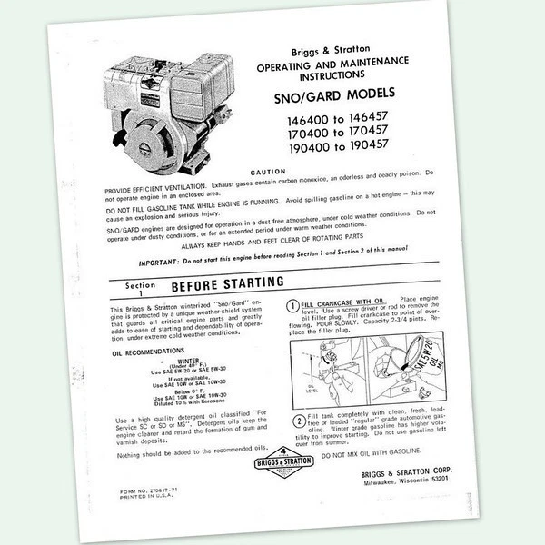 Briggs And Stratton 8Hp Engine 190400 To 190457 Operating Manual Operators - Image 1 of 1