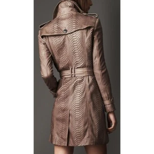 Women's Beige Python Textured Solid Casual Leather Trench Coat, Women's Beige Le - Picture 1 of 3