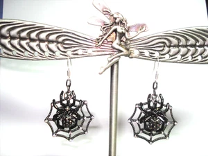 2 1/4" Dangle Black Spider & Web Halloween Rhinestone Earrings on SP Earwires - Picture 1 of 8