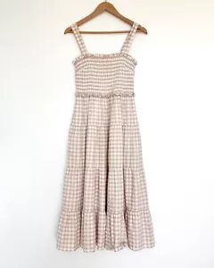 Seed Heritage Gingham Midi Dress Size 10 Beige Shirred Tiered Cotton Pockets - Picture 1 of 6