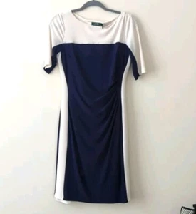 Lauren Ralph Lauren Dress Blue & White Ruched Side Size 6 Long Sleeve - Picture 1 of 5