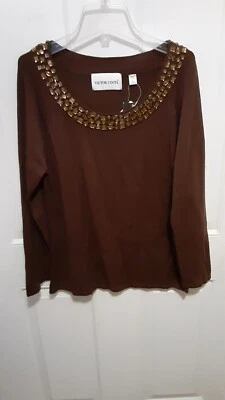 Свитер Victor Costa коричневый с янтарным цветом бусина акценты женский размер большой НОВЫЙ  - Изображение 1 из 4