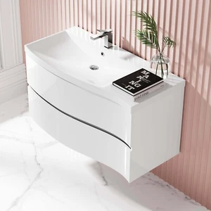 1000mm Gloss White Wall Hung Mount Left Hand Curved 2 Drawer Vanity Unit - Picture 1 of 6
