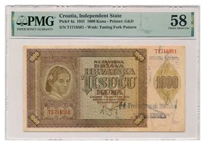 CROATIA banknote 1000 Kuna 1941 with Prinz Eugen division stamp PMG grade AU 58 - Picture 1 of 2
