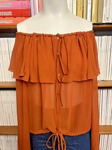 Topshop Damas 10 Top Blusa Camisa Bardot Hombro Descubierto Óxido Transparente Campesina Gitana - Imagen 1 de 9