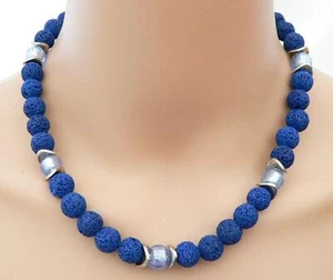 Collana Catena Perla Lava Blu Scuro Eyecatcher Lampadario Azzurro Argento 192. - Foto 1 di 12