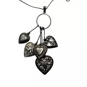 Ciondolo Vintage Repousse Argento Sterling 6 Cuori Gonfi e Collana 925 - Foto 1 di 4