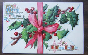 A Merry Christmas and A Happy New Year Holly Red Berries & Bow Unposted Postcard - Picture 1 of 2
