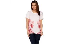 Top de punto H by Halston acuarela estampado floral manga corta rosa M A275468 QVC - Imagen 1 de 2