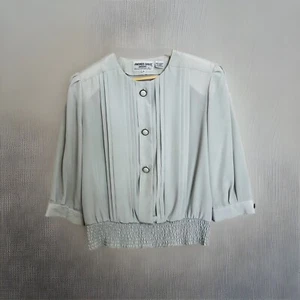 Blouse 10P Light Green Gray Silky Gathered Waist Vtg 80s Corpcore Buttons Career - Picture 1 of 12