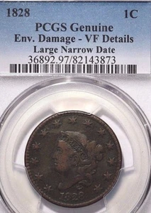 1828 Large Cent Coronet Head PCGS Genuine Damage-VF Details Large Narrow Date - Picture 1 of 2