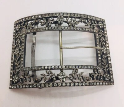 Antique Victorian Paste Clear Rhinestone Silver Plated Floral Large Belt Buckle - Image 1 of 4