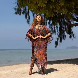 Arlo Hand Tiedye Boho Tie Dye Maxi Festival Tunic Top Fringe Dress Kaftan Poncho - Picture 1 of 4