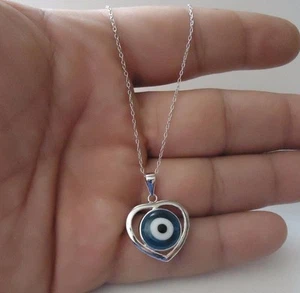 OPEN HEART EVIL EYE NECKLACE PENDANT W/ 12MM GLASS EYE/925 STERLING SILVER/ 18'' - Picture 1 of 1