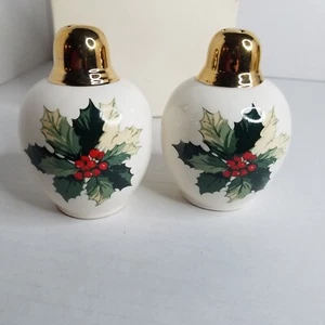Salero y pimentero vintage de porcelana con bayas de acebo sello navideño nuevo  - Imagen 1 de 5
