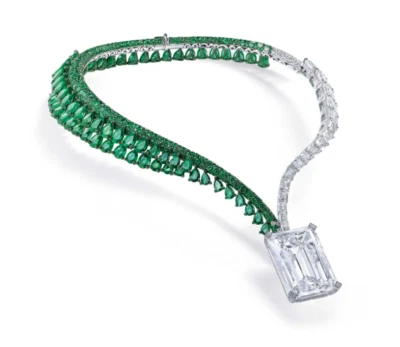 Lab-Created Huge White Diamonds & Green Emeralds Premium 935 Silver Necklace - Image 1 of 4