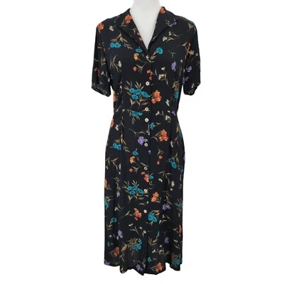 Norm Thompson Dress Women's 10 Black Floral Button Up Pockets Vintage — 第 1/4 张图片