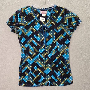 Koi Women Scrub Top XS Blue Geometric Bow Necklace Short Sleeve - Picture 1 of 10
