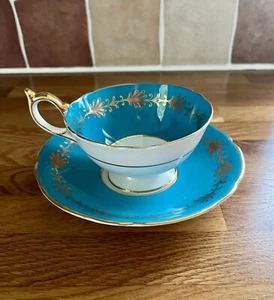 Aynsley English Fine Bone China Turquoise Vintage Tea Cup & Saucer Set Gold Trim - Picture 1 of 16