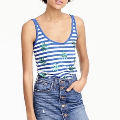 Camiseta sin mangas J Crew azul a rayas verde lentejuelas hoja talla XS nueva con etiquetas Foto 1 de 4
