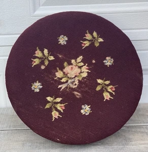 Vtg Needlepoint Wooden Foot Stool W/Floral Design Round W/Curved Legs 16”X6.5”T - Picture 1 of 15