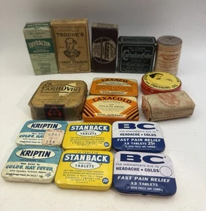 Lot of 16 Vintage Medicine Tins + Packages w/ Contents Medicine Salve Tablets - Picture 1 of 6
