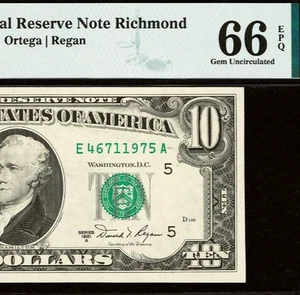 1981A $10 Federal Reserve Note PMG 66EPQ - Richmond District - Fr 2026-E - Picture 1 of 3