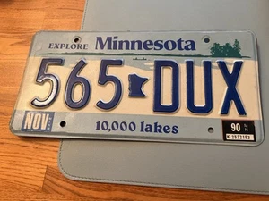 Vintage Minnesota License Plate 1990 565DUX White Tag Blue Embossed Letters - Picture 1 of 1