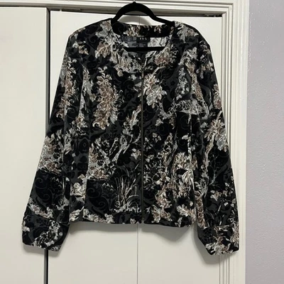 Chaqueta de Terciopelo Floral RQT Cremallera Completa Elegante Top de Fiesta Negro Marrón Gris XL Foto 1 de 4