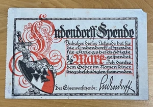 WW1 German 1/2 Mark Donation Receipt - Ludendorff Fund for Disabled War Vets - Bild 1 von 3