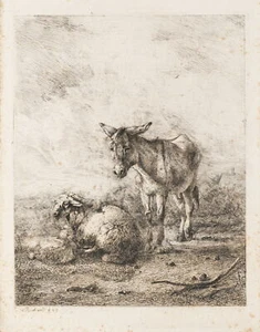 Asino e pecora in scenario rurale, 1849, ruota. Barocco Sconosciuto (XIX secolo) - Foto 1 di 5