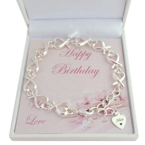 Happy Birthday Bracelet with Engraved Silver Charm, Gift for Mum, Daughter etc - Picture 1 of 9